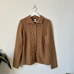 Vintage J. Crew Cable Knit Wool Blend Cardigan Sweater in Tan Size L